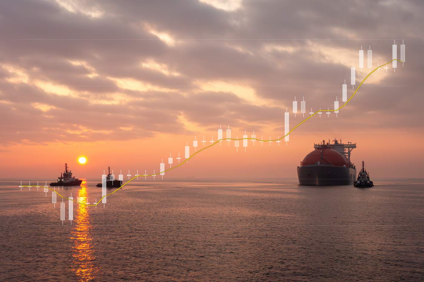 LNG tanker being towed into a harbour at sunset, with the gas price of August and September as a price chart in the sky