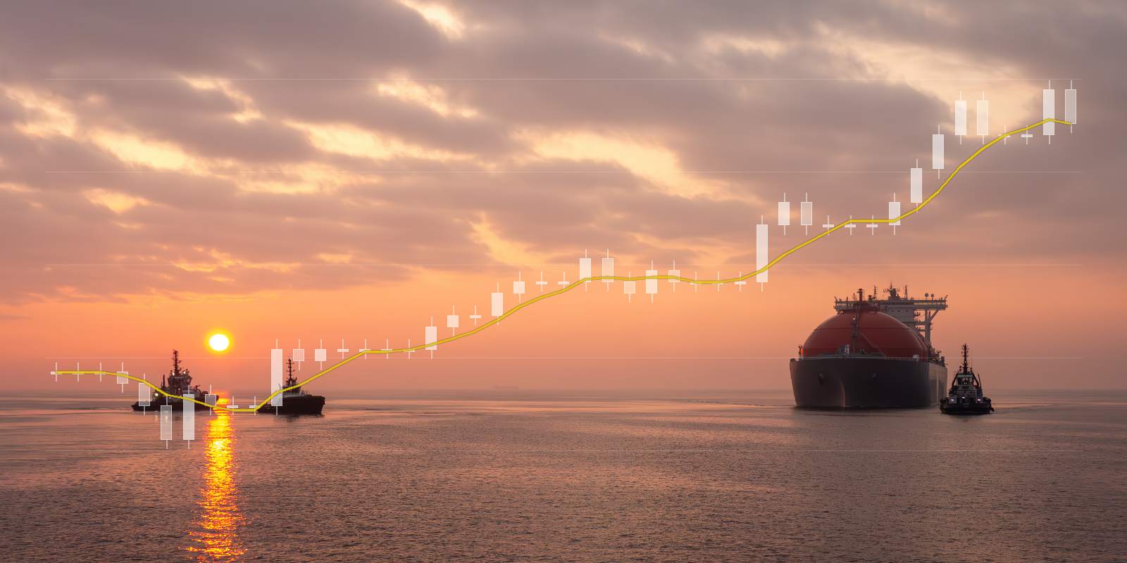 LNG tanker entering a harbour with tugboats at sunset, with the gas price of August and September as a price chart in the sky