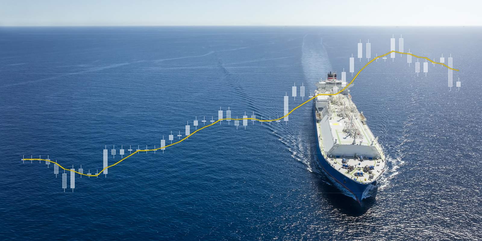 LNG tanker at sea seen from above, with the gas price of August and September as a price chart across the water