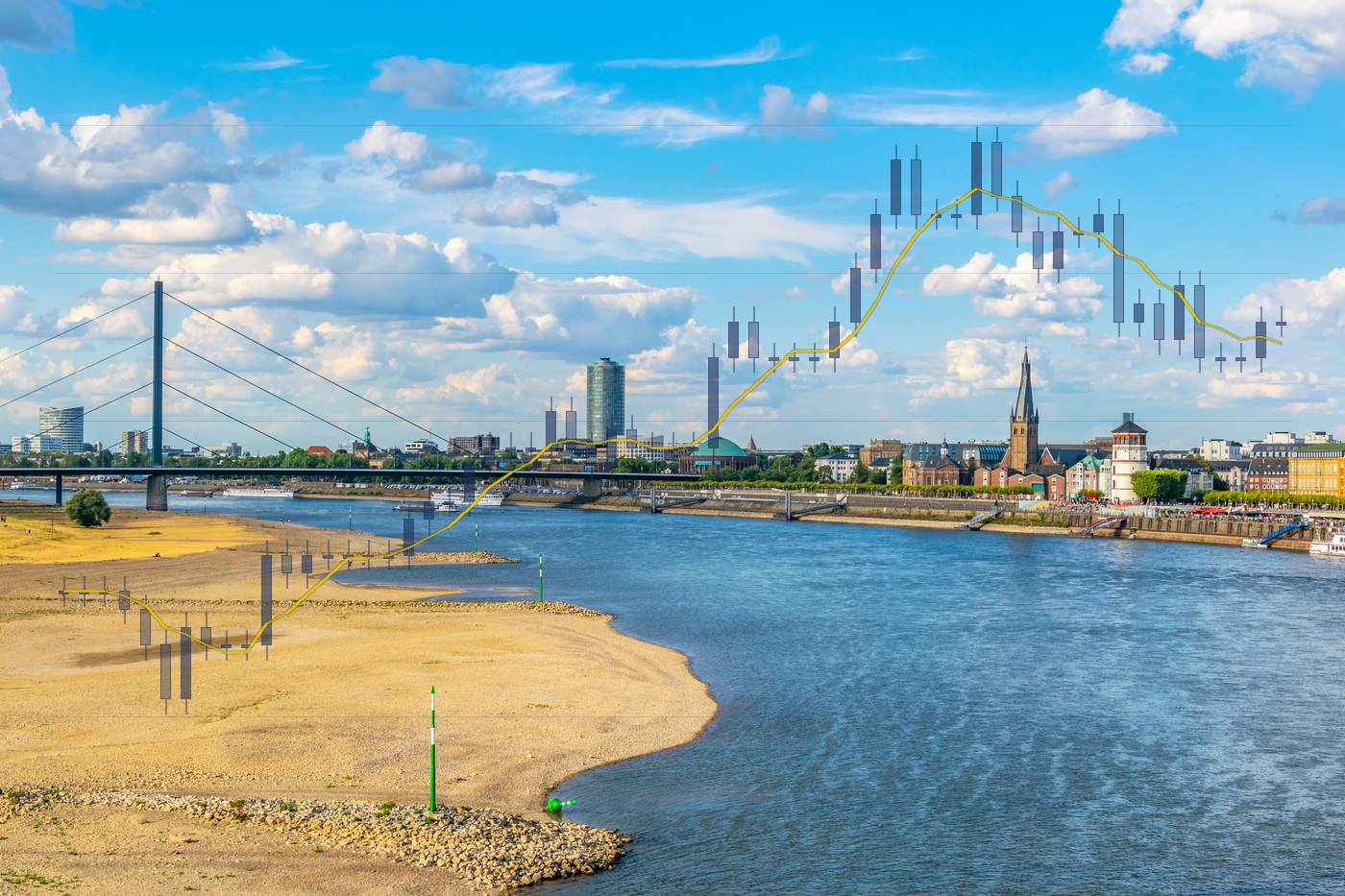 De Rijn bij D&uuml;sseldorf met drooggevallen zandbanken, met de gasprijs van augustus en september als koersgrafiek over het beeld