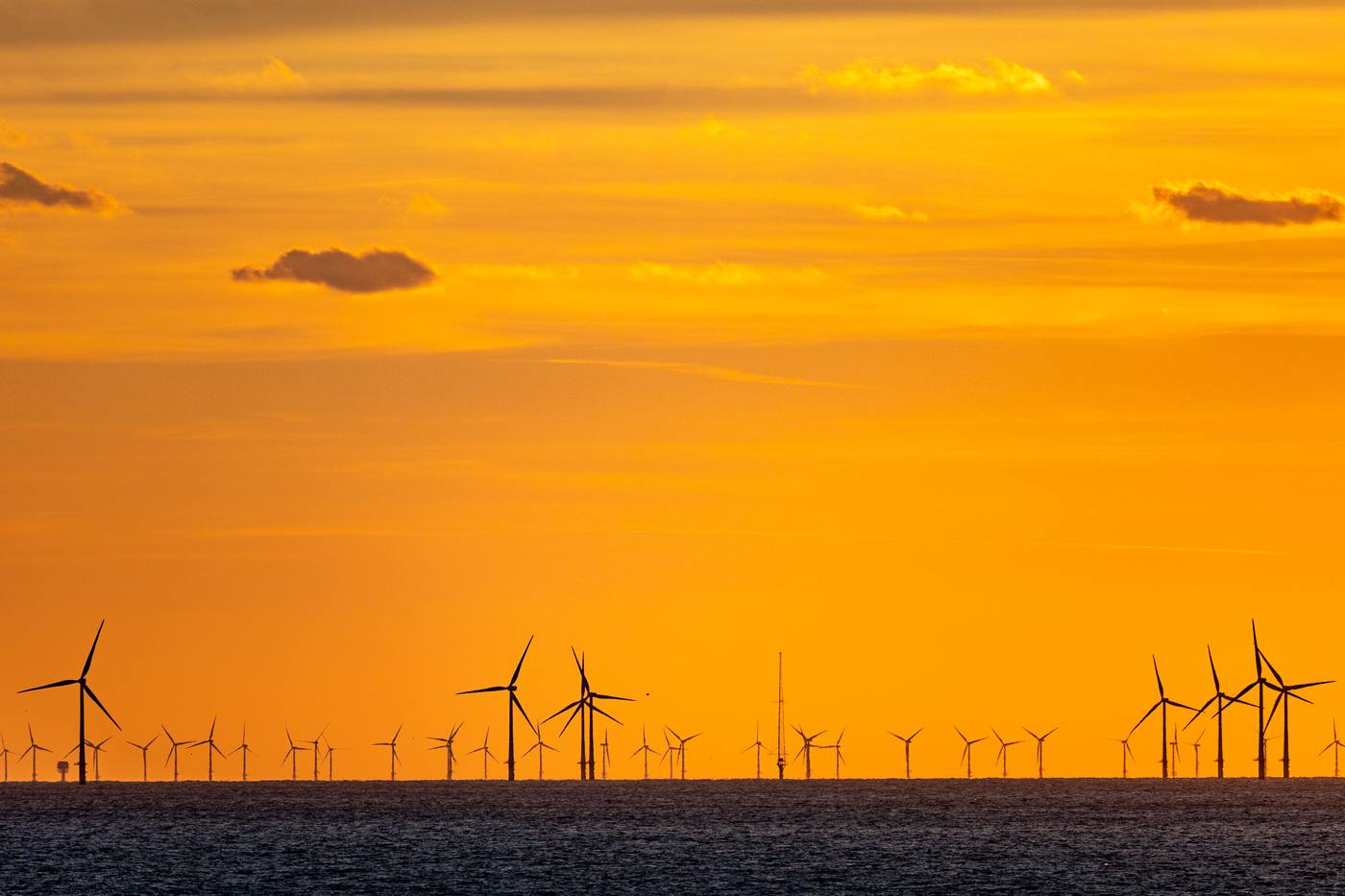 Offshore wind farm in the North Sea off the coast of Egmond aan Zee at sunset