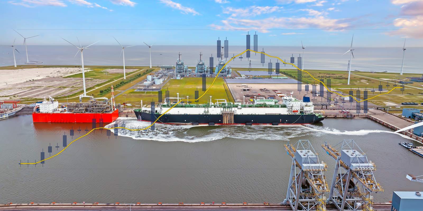 LNG tanker and red terminal ship in the Eemshaven, with the gas price from August to October as a price chart across the image