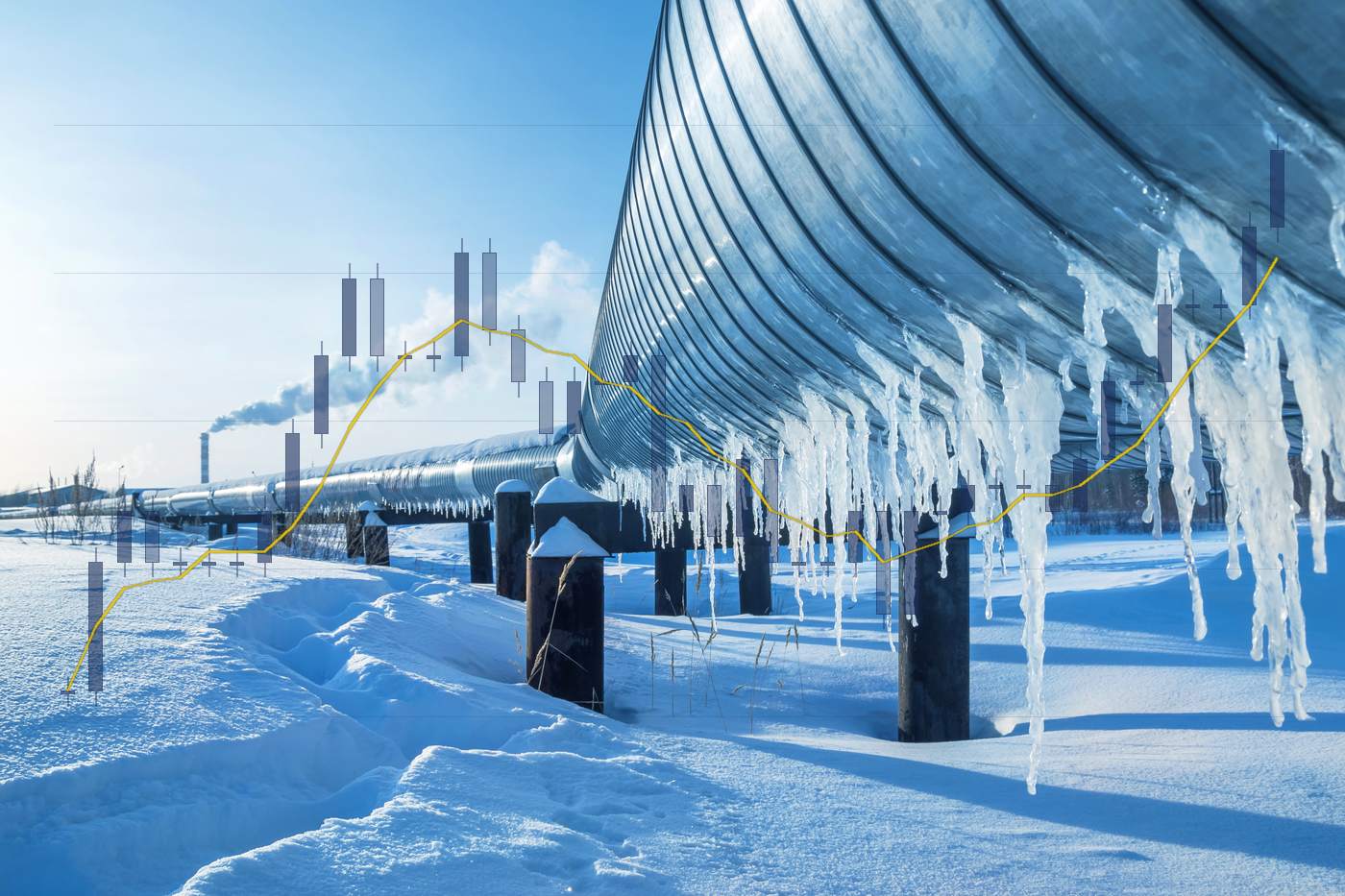 IJspegels aan een gasleiding in een winterlandschap, met de gasprijs van september tot oktober als koersgrafiek over het beeld