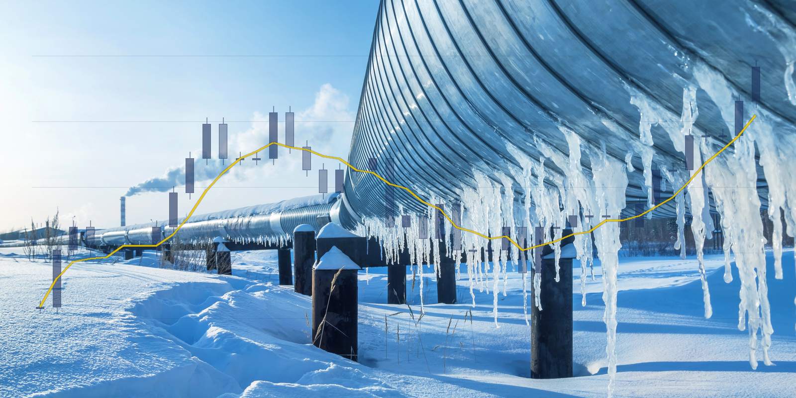 IJspegels aan een gasleiding in een winterlandschap, met de gasprijs van september tot oktober als koersgrafiek over het beeld