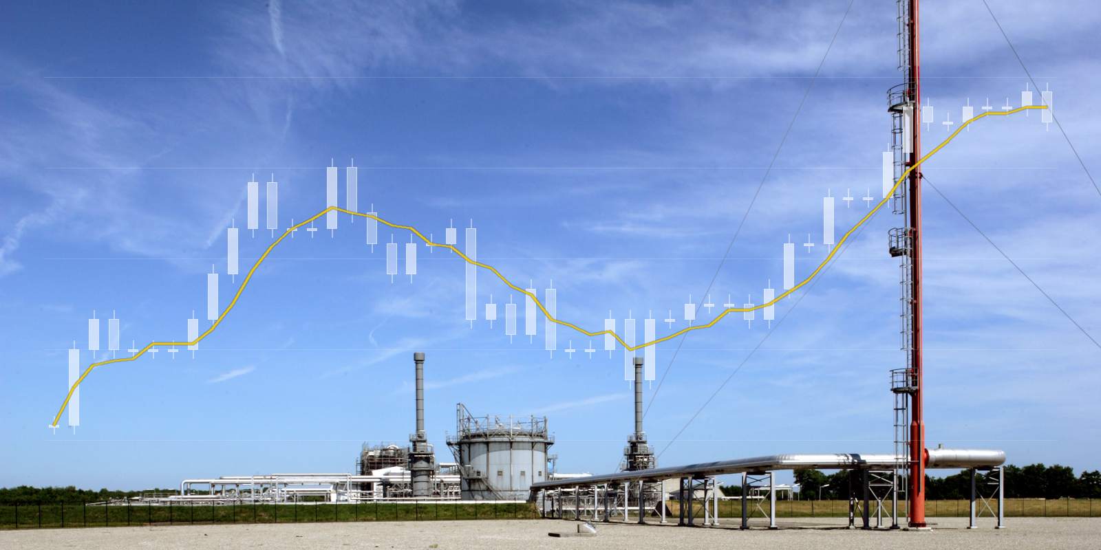Gas storage at Langelo in Drenthe under a blue sky, with the gas price from September to October as a price chart across the image