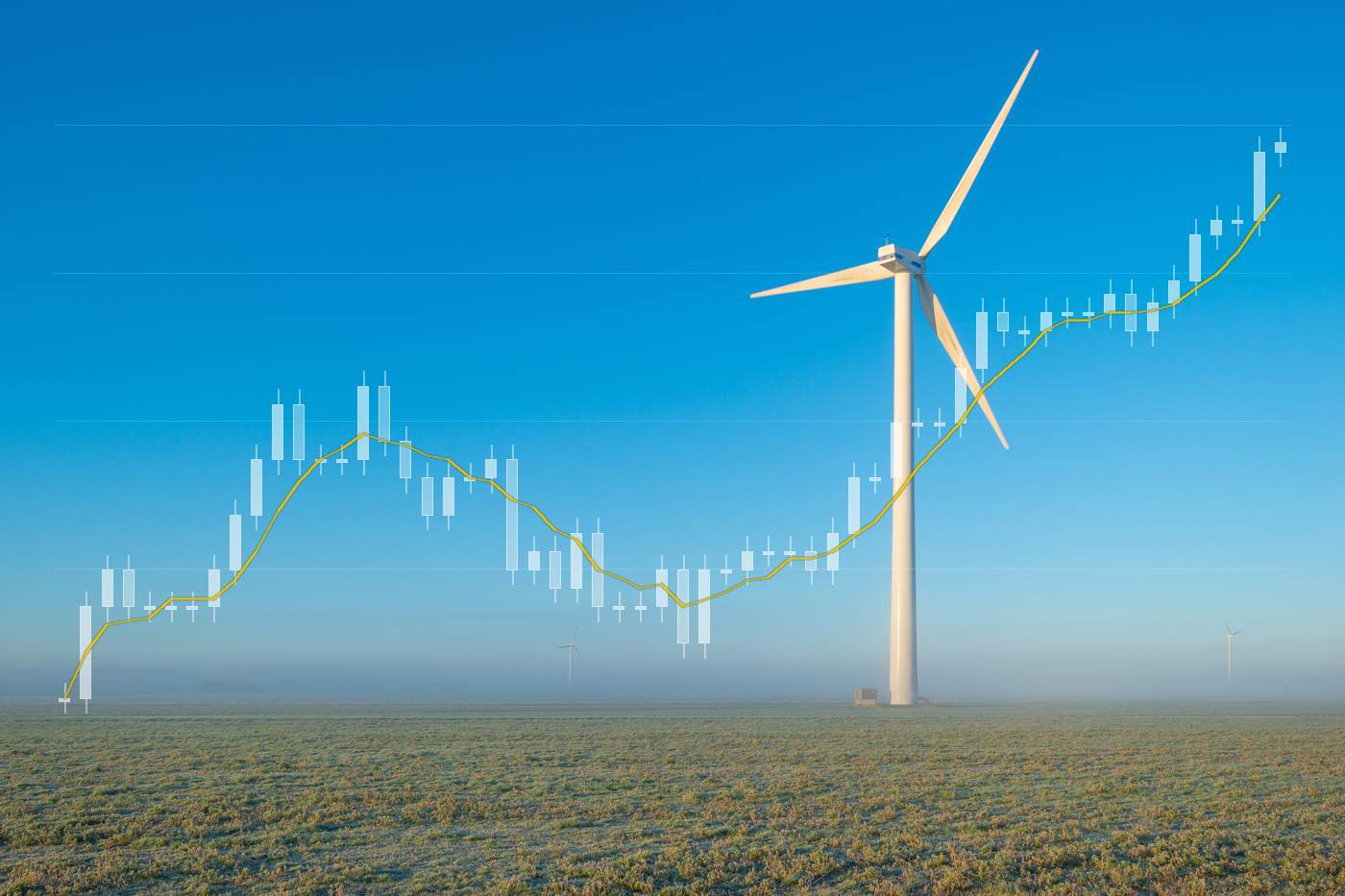 Windmolen in een bevroren Nederlandse polder onder een strakke blauwe lucht, met de gasprijs van september tot oktober als koersgrafiek over het beeld