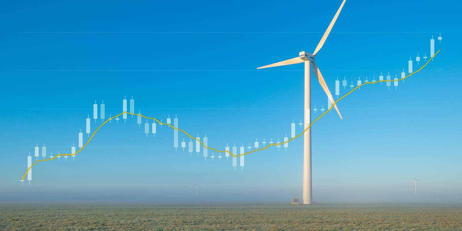 Windmolen in een bevroren Nederlandse polder onder een strakke blauwe lucht, met de gasprijs van september tot oktober als koersgrafiek over het beeld